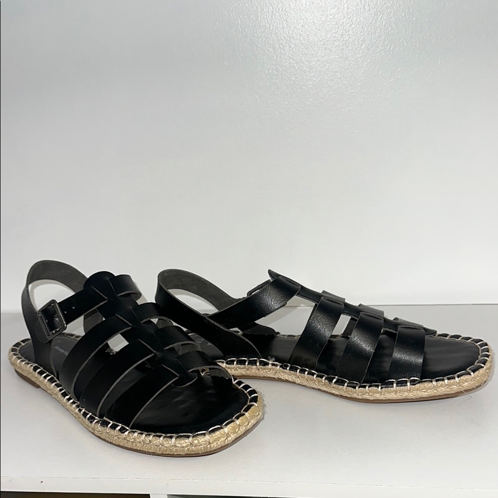 Black Leather Woven Espadrille Sandals - Women